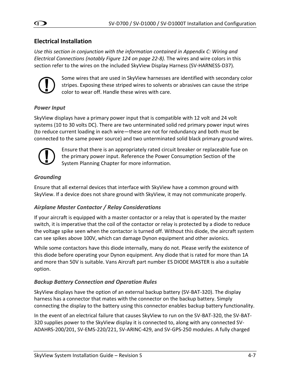 Electrical installation -7, Power input -7, Grounding -7 | Backup battery connection and operation rules -7 | Dynon Avionics SkyView System Installation Guide User Manual | Page 69 / 401