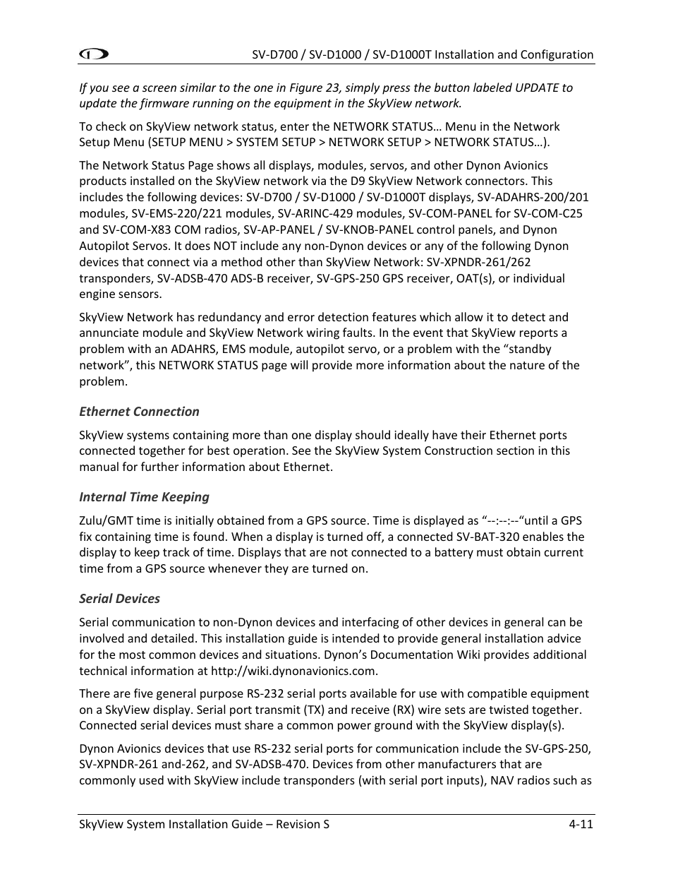 Ethernet connection -11, Internal time keeping -11, Serial devices -11 | Dynon Avionics SkyView System Installation Guide User Manual | Page 73 / 401