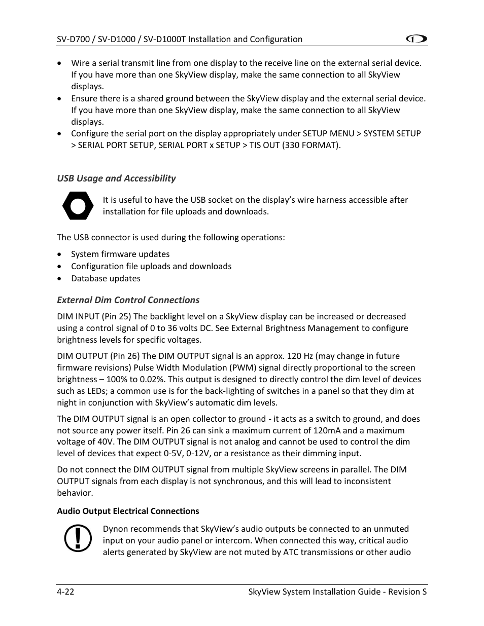 Usb usage and accessibility -22, External dim control connections -22 | Dynon Avionics SkyView System Installation Guide User Manual | Page 84 / 401