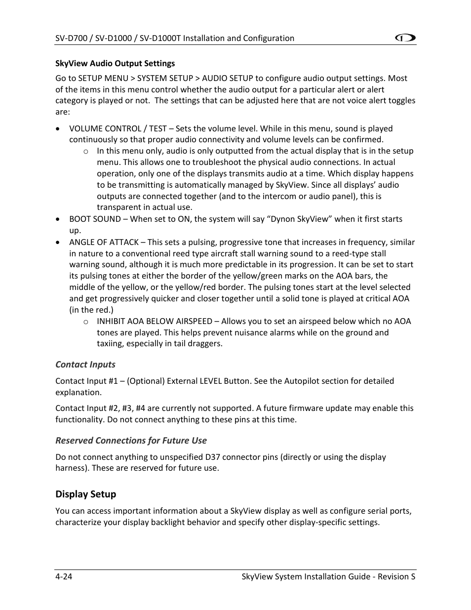 Contact inputs -24, Reserved connections for future use -24, Display setup -24 | Dynon Avionics SkyView System Installation Guide User Manual | Page 86 / 401