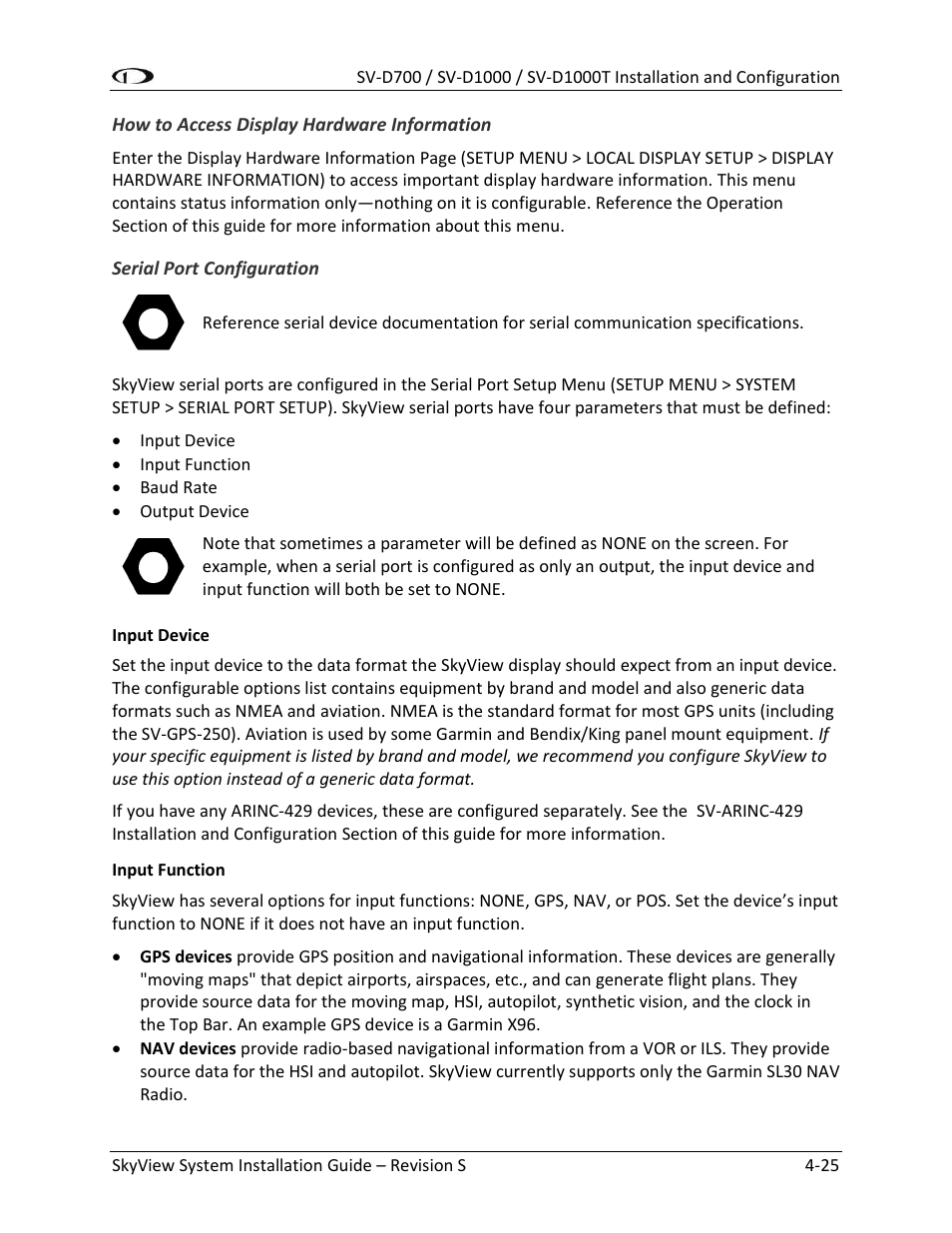 How to access display hardware information -25, Serial port configuration -25 | Dynon Avionics SkyView System Installation Guide User Manual | Page 87 / 401