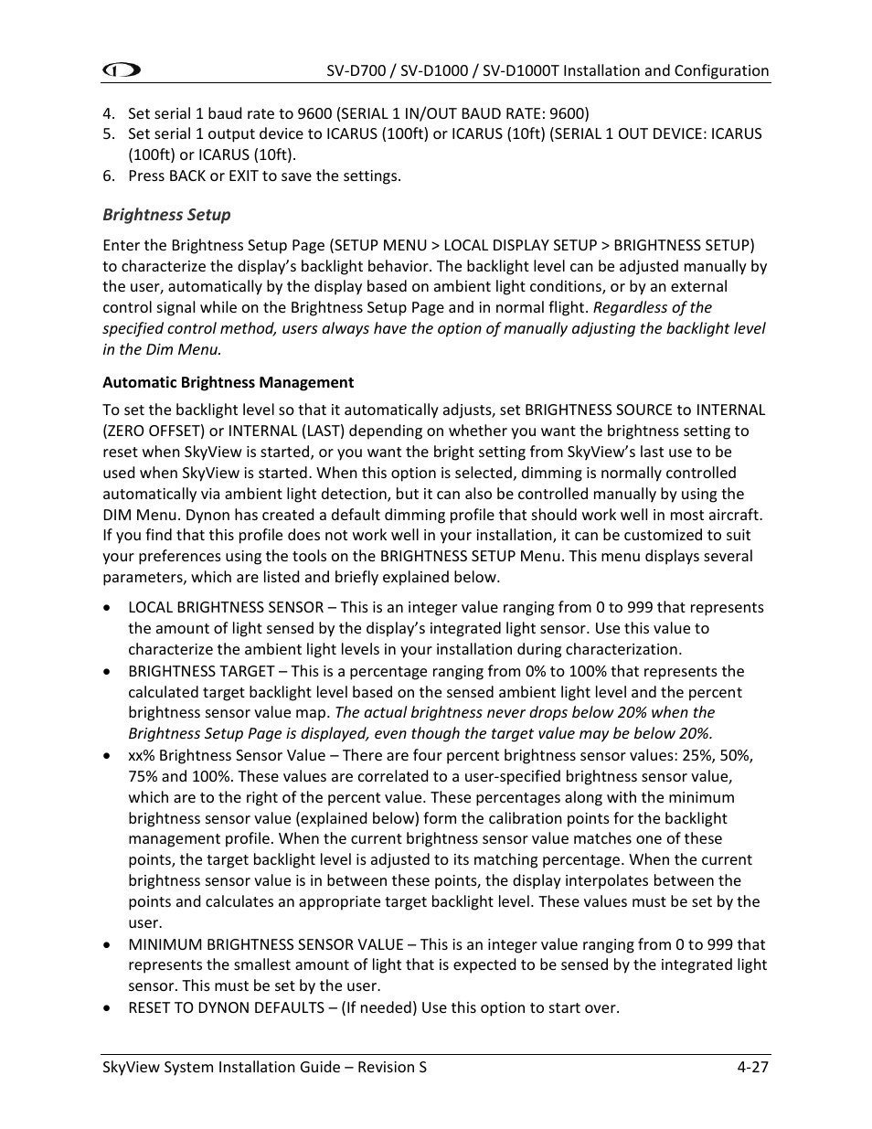 Brightness setup -27 | Dynon Avionics SkyView System Installation Guide User Manual | Page 89 / 401