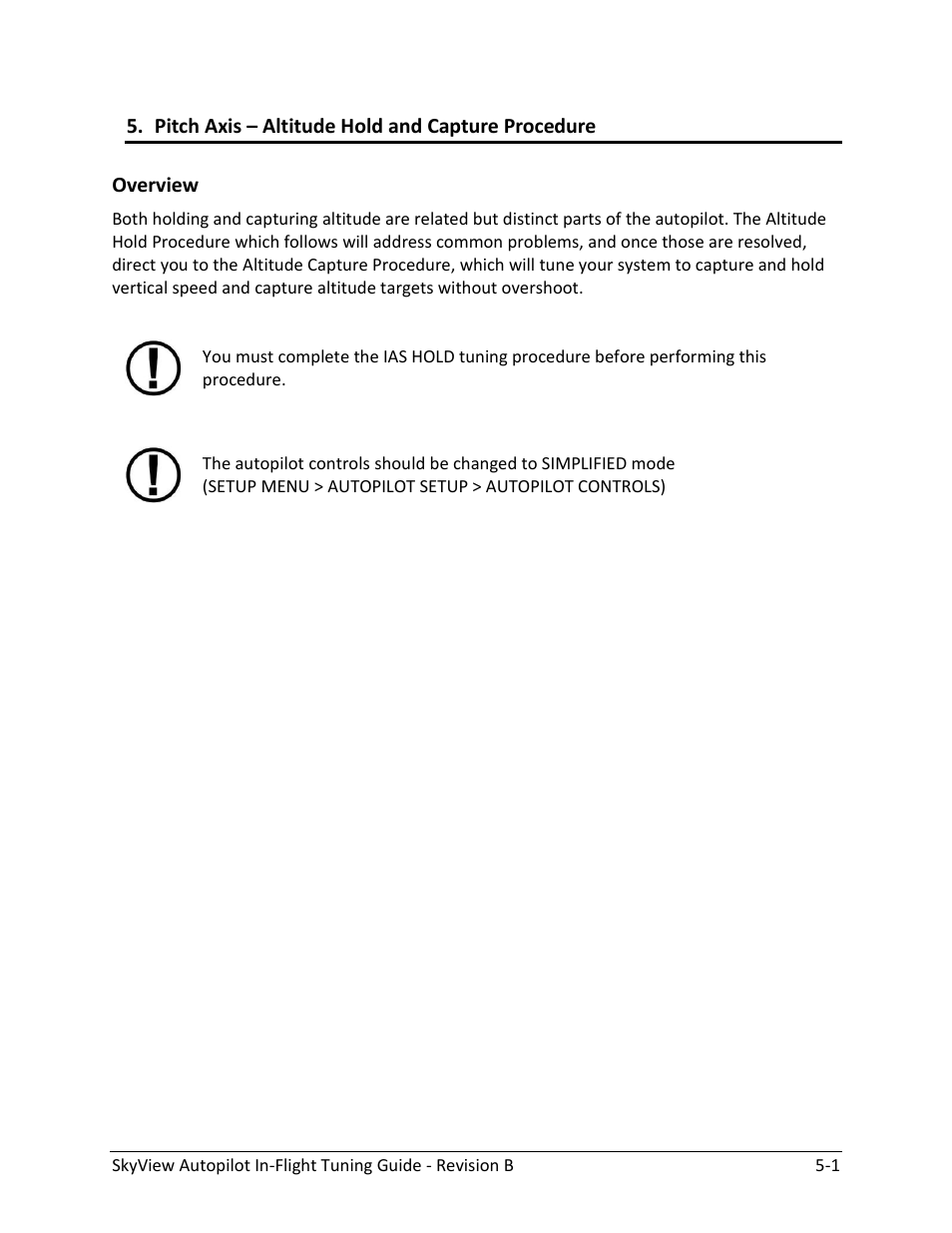 Pitch axis – altitude hold and capture procedure, Overview -1 | Dynon Avionics SkyView Autopilot In-Flight Tuning Guide User Manual | Page 15 / 23