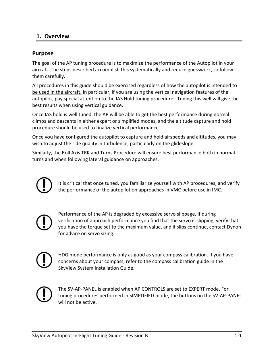 Overview, Purpose -1 | Dynon Avionics SkyView Autopilot In-Flight Tuning Guide User Manual | Page 5 / 23