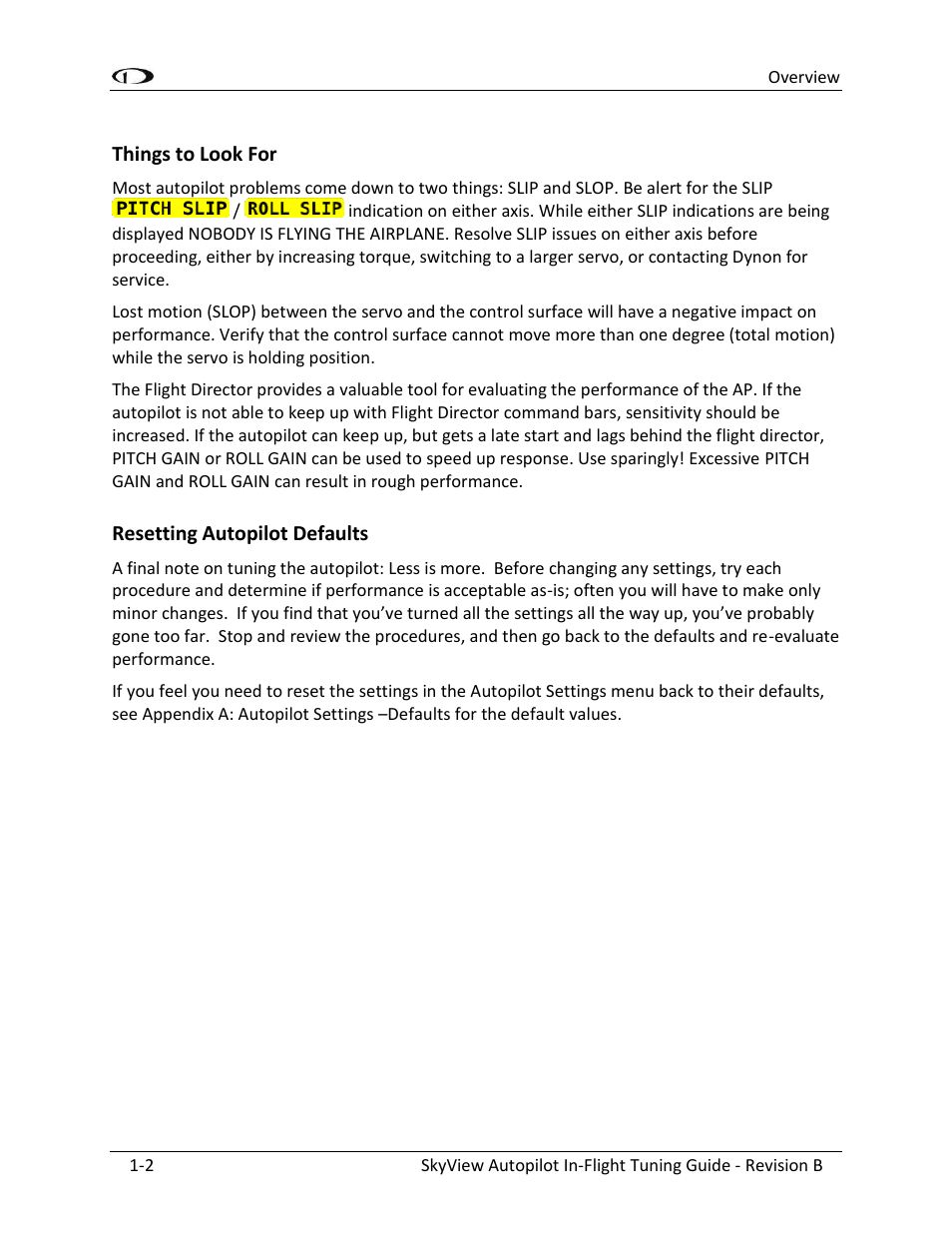 Things to look for -2, Resetting autopilot defaults -2 | Dynon Avionics SkyView Autopilot In-Flight Tuning Guide User Manual | Page 6 / 23