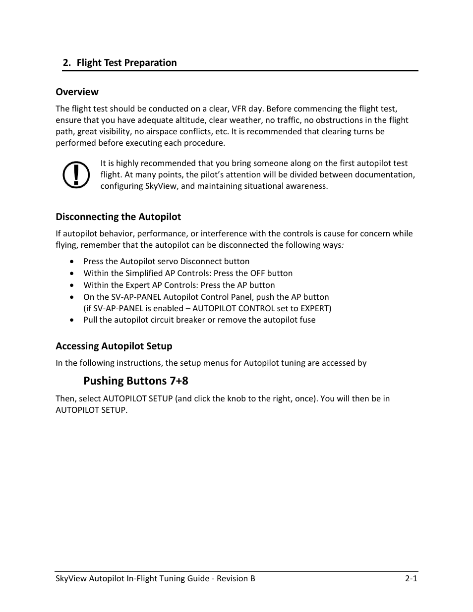 Flight test preparation, Overview -1, Disconnecting the autopilot -1 | Accessing autopilot setup -1, Pushing buttons 7+8 | Dynon Avionics SkyView Autopilot In-Flight Tuning Guide User Manual | Page 7 / 23