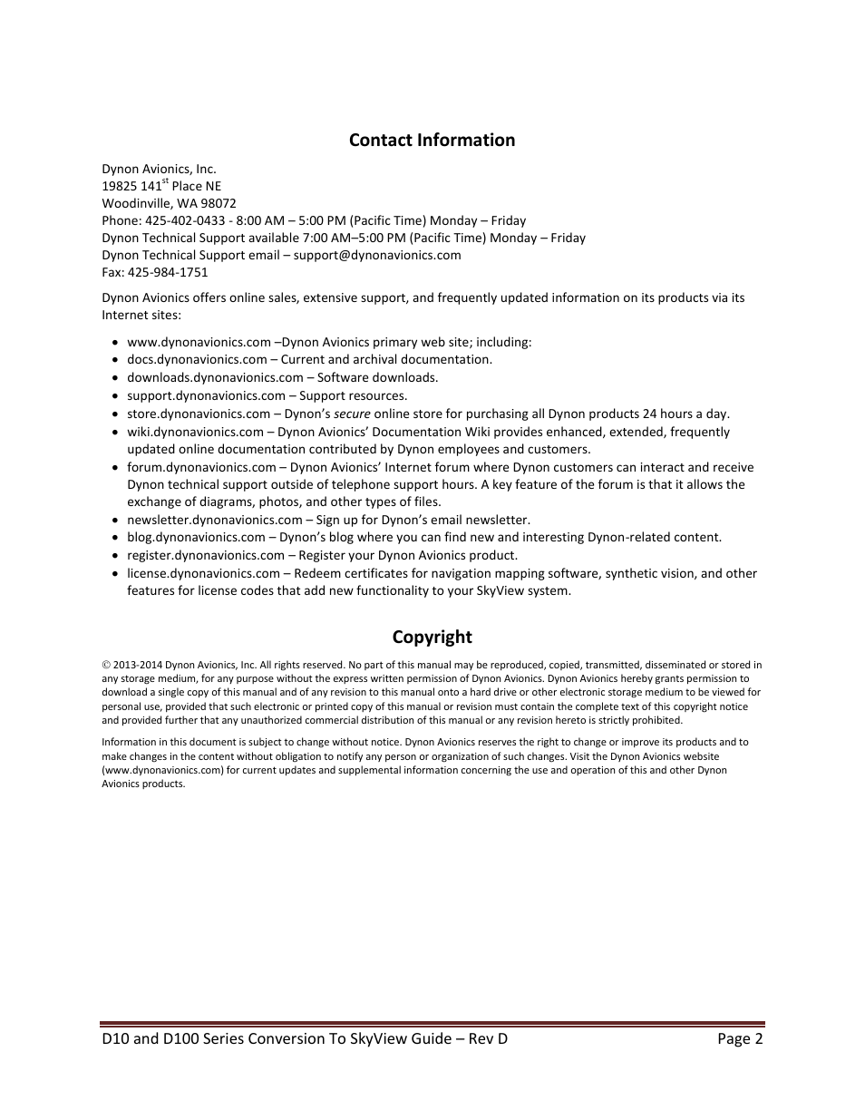 Contact information, Copyright | Dynon Avionics D100 Series to SkyView Conversion Guide User Manual | Page 2 / 44