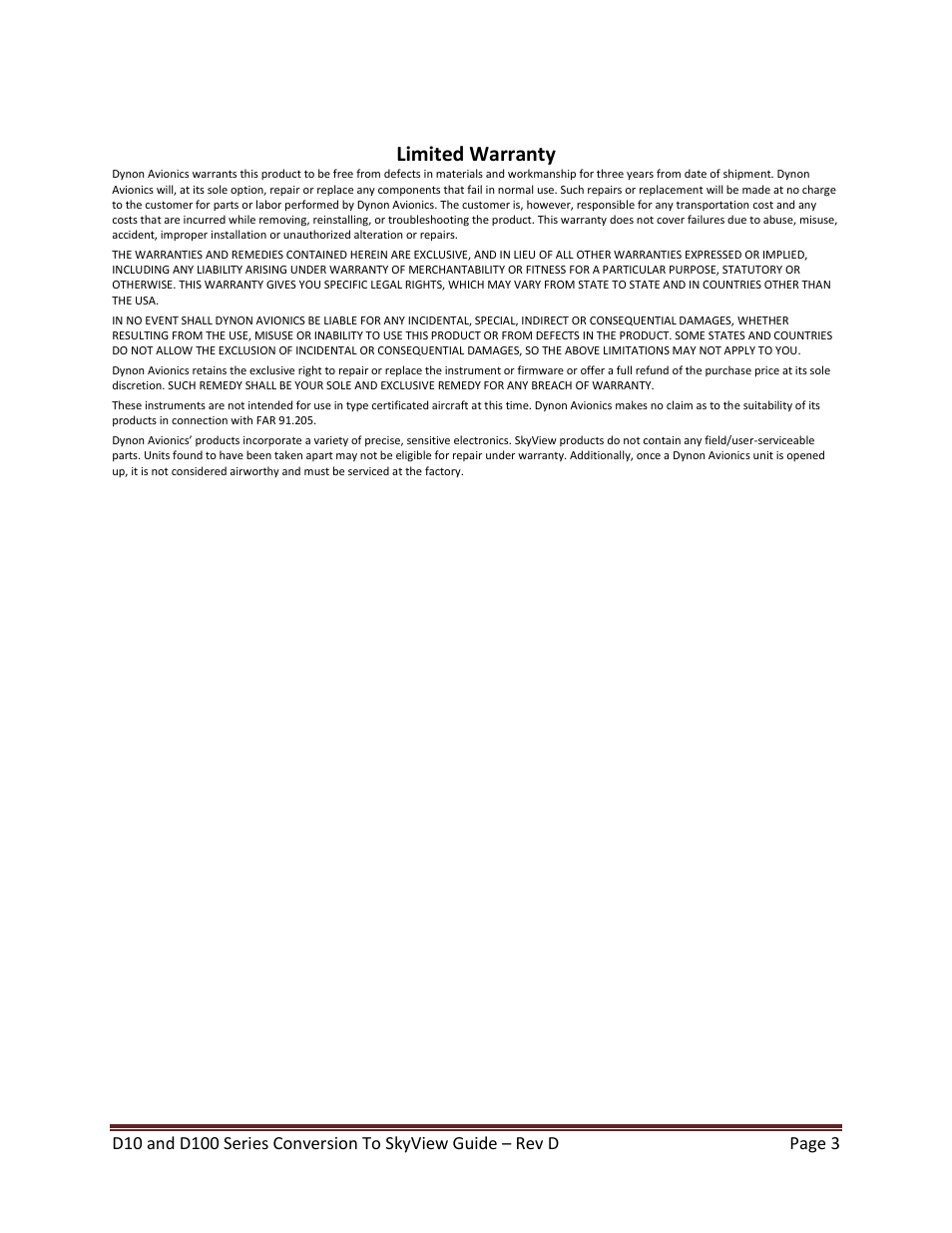 Limited warranty | Dynon Avionics D100 Series to SkyView Conversion Guide User Manual | Page 3 / 44