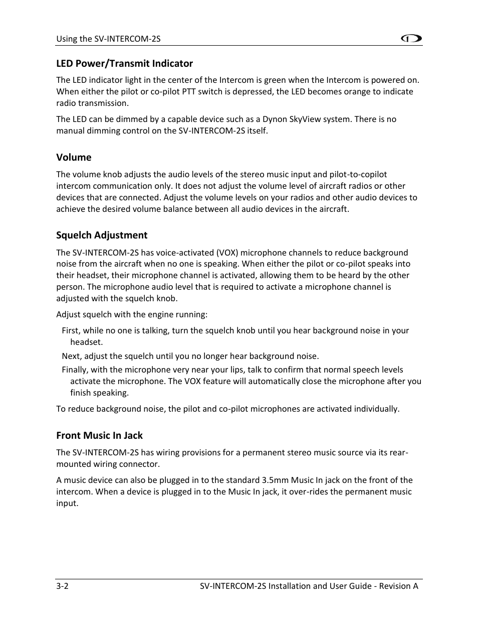 Led power/transmit indicator -2, Volume -2, Squelch adjustment -2 | Front music in jack -2 | Dynon Avionics SV-INTERCOM-2S User Manual | Page 20 / 23