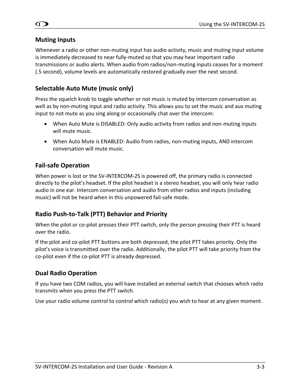 Muting inputs -3, Selectable auto mute (music only) -3, Fail-safe operation -3 | Radio push-to-talk (ptt) behavior and priority -3, Dual radio operation -3 | Dynon Avionics SV-INTERCOM-2S User Manual | Page 21 / 23