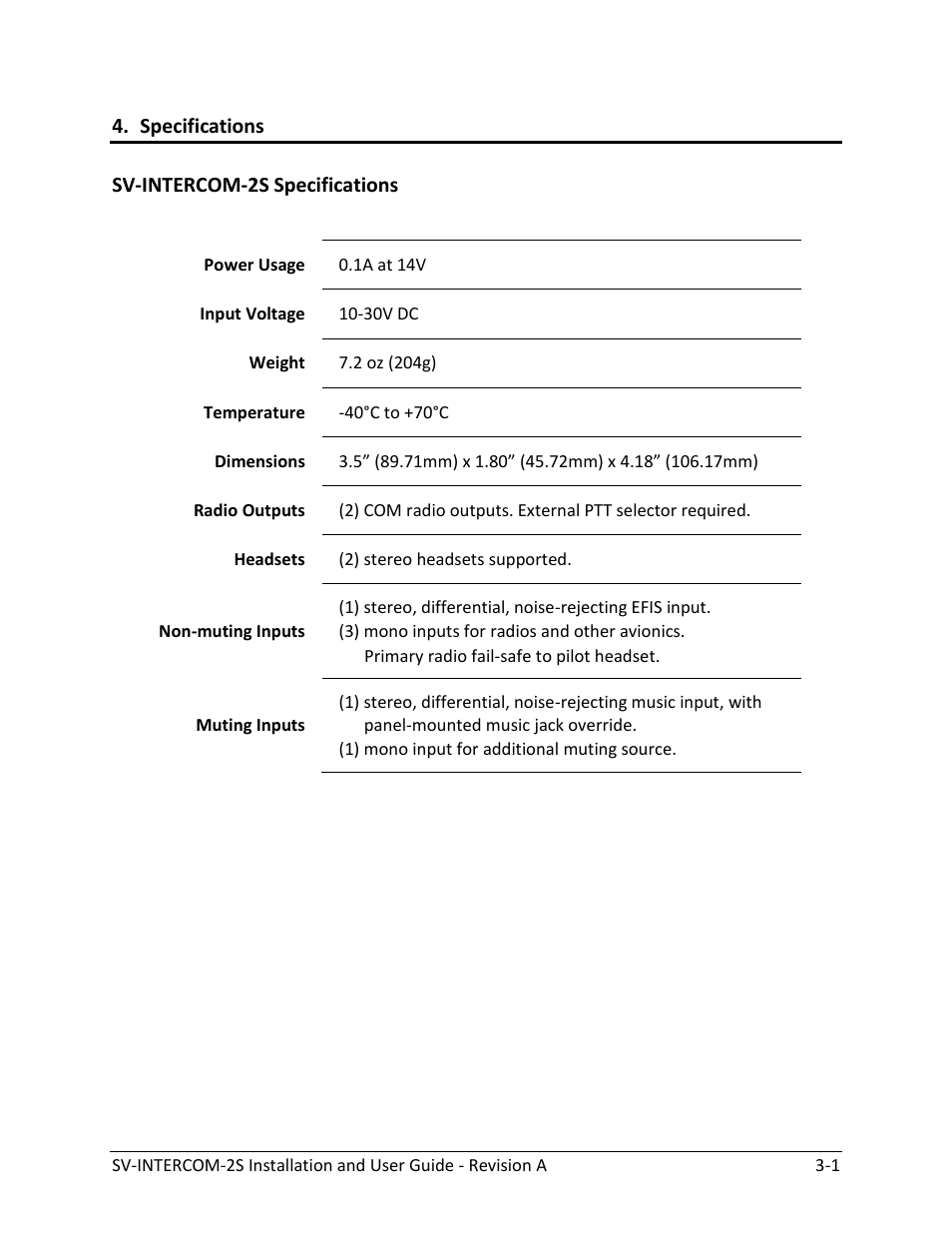 Specifications, Sv-intercom-2s specifications -1 | Dynon Avionics SV-INTERCOM-2S User Manual | Page 23 / 23