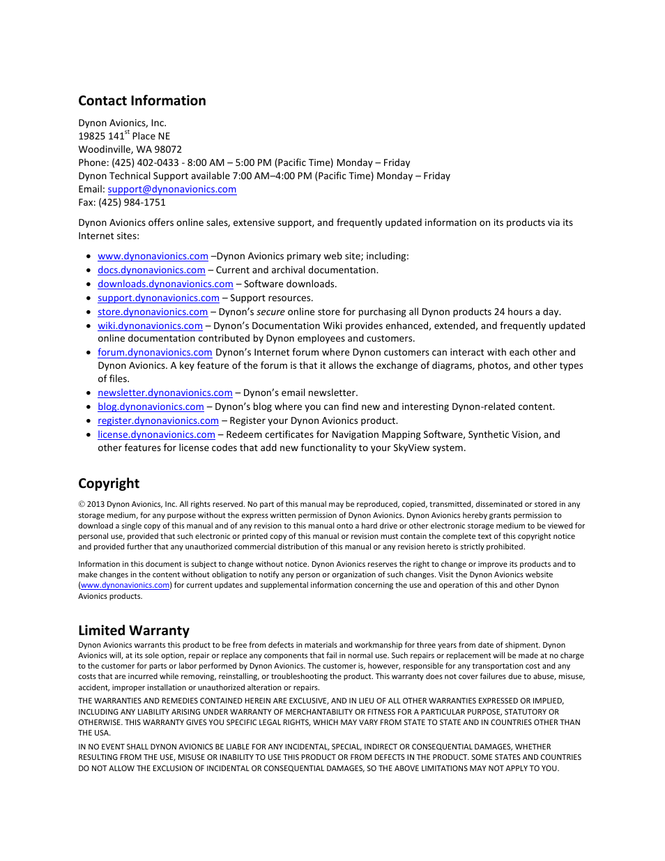Contact information, Copyright, Limited warranty | Dynon Avionics SV-INTERCOM-2S User Manual | Page 3 / 23