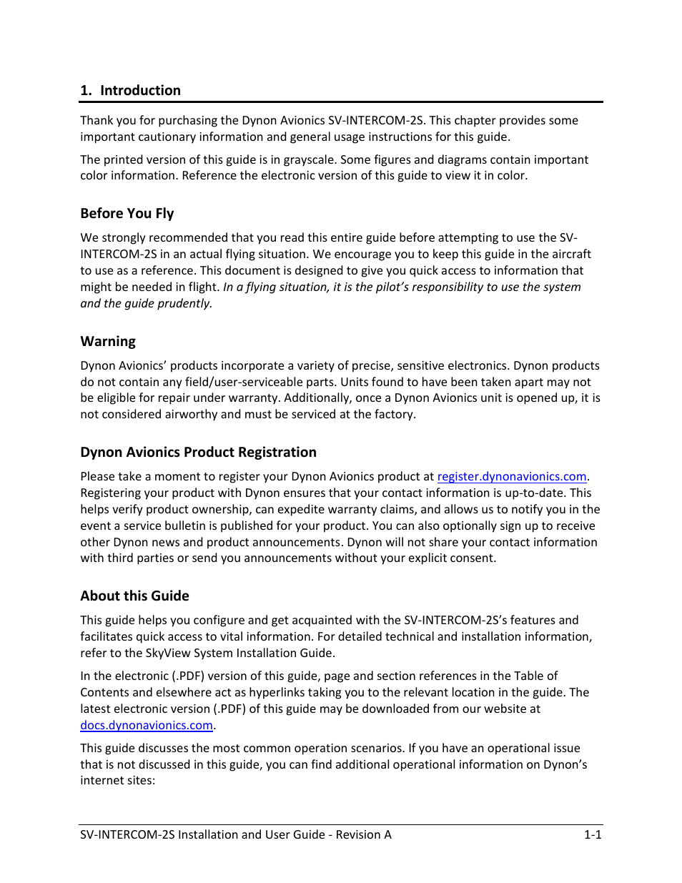Introduction, Before you fly -1, Warning -1 | Dynon avionics product registration -1, About this guide -1 | Dynon Avionics SV-INTERCOM-2S User Manual | Page 7 / 23