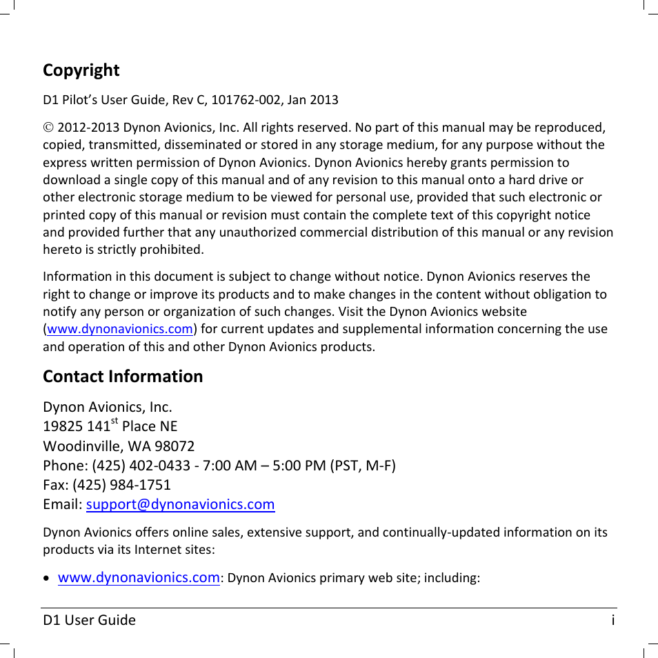 Copyright, Contact information | Dynon Avionics D1 User Manual | Page 3 / 48