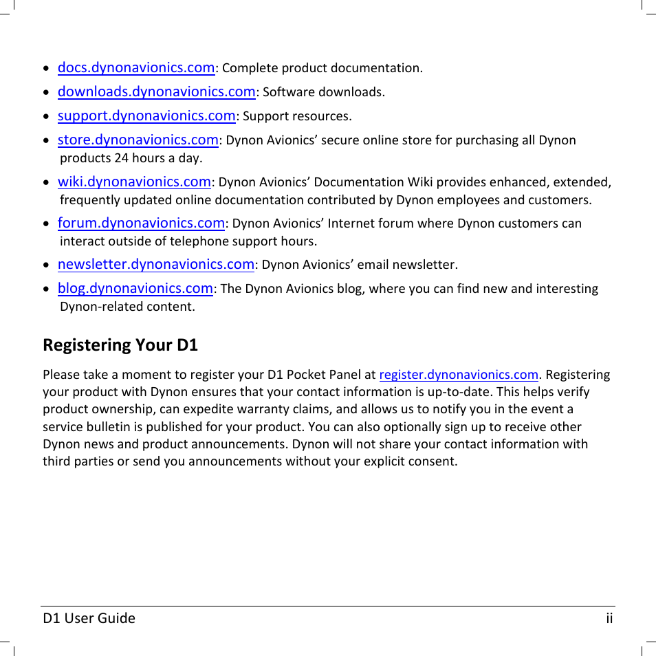 Registering your d1 | Dynon Avionics D1 User Manual | Page 4 / 48