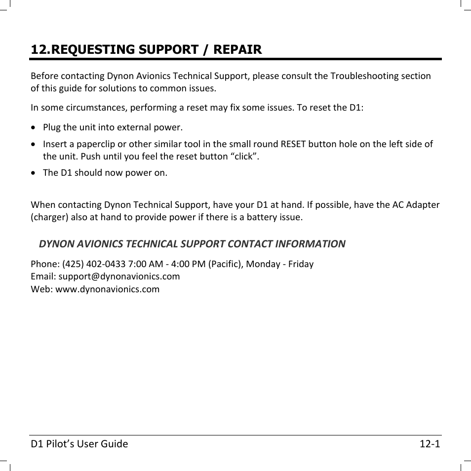 Requesting support / repair | Dynon Avionics D1 User Manual | Page 45 / 48