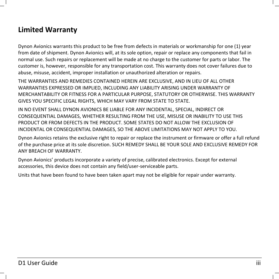Limited warranty | Dynon Avionics D1 User Manual | Page 5 / 48