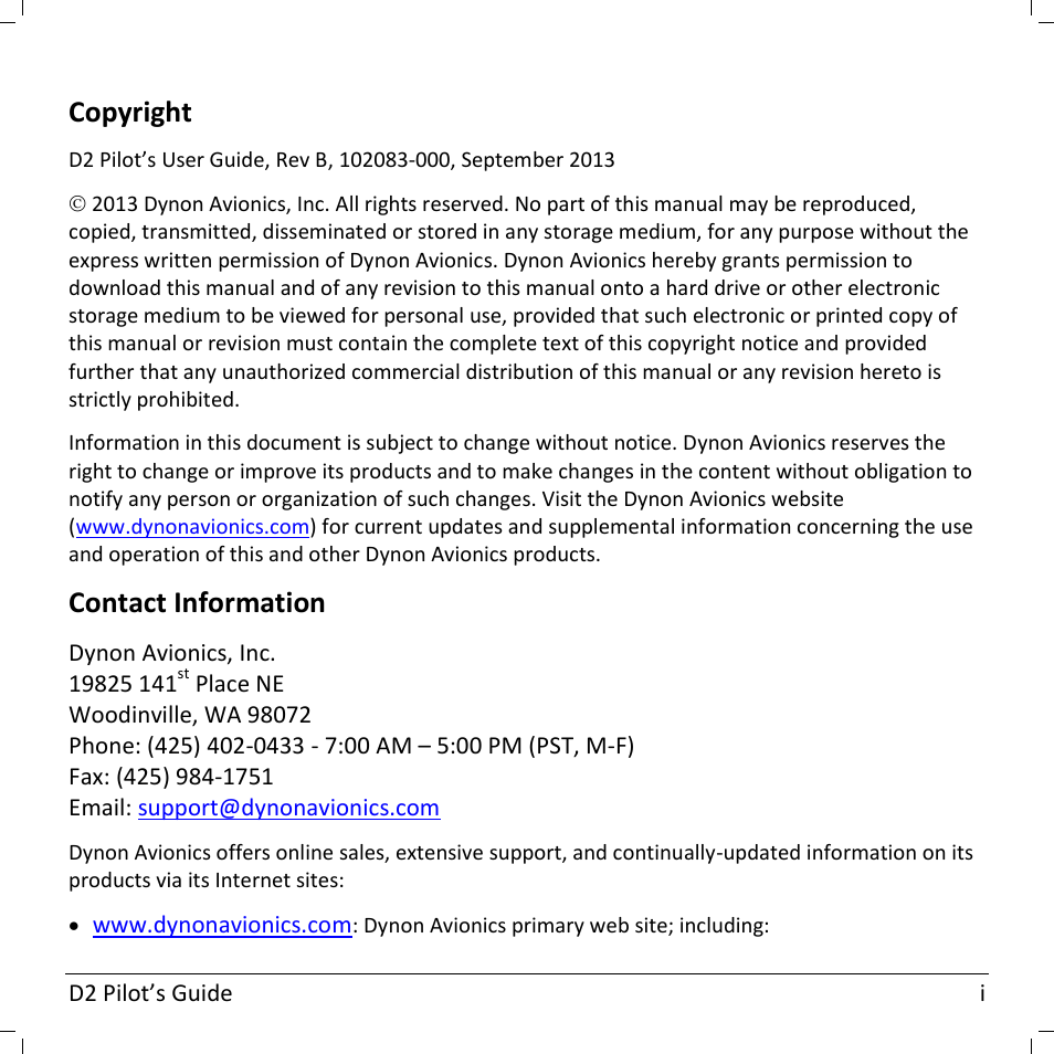 Copyright, Contact information | Dynon Avionics D2 Pilots User Guide User Manual | Page 3 / 50