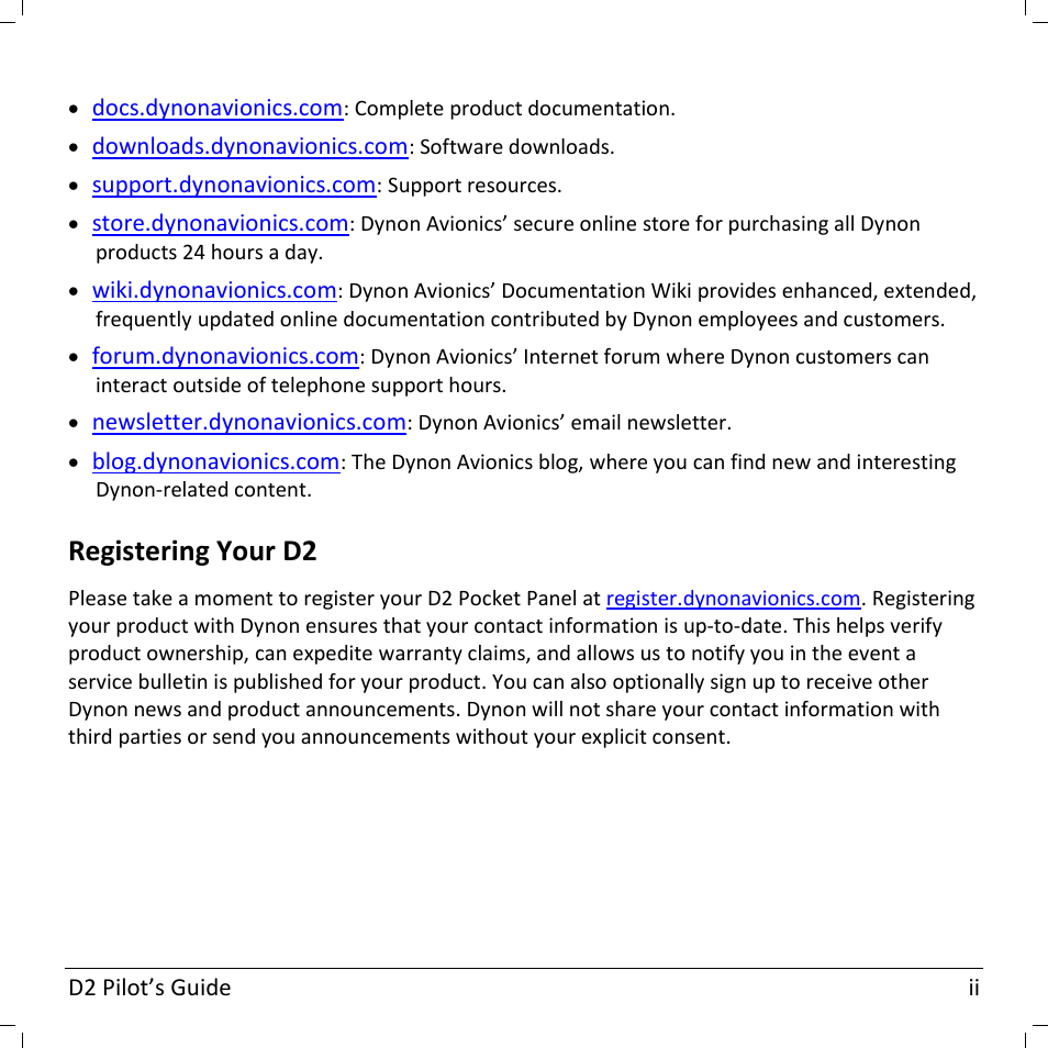 Registering your d2 | Dynon Avionics D2 Pilots User Guide User Manual | Page 4 / 50