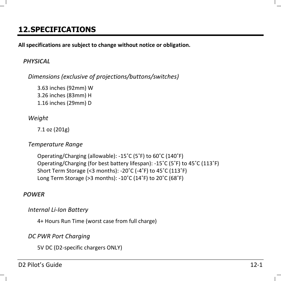 Specifications | Dynon Avionics D2 Pilots User Guide User Manual | Page 45 / 50