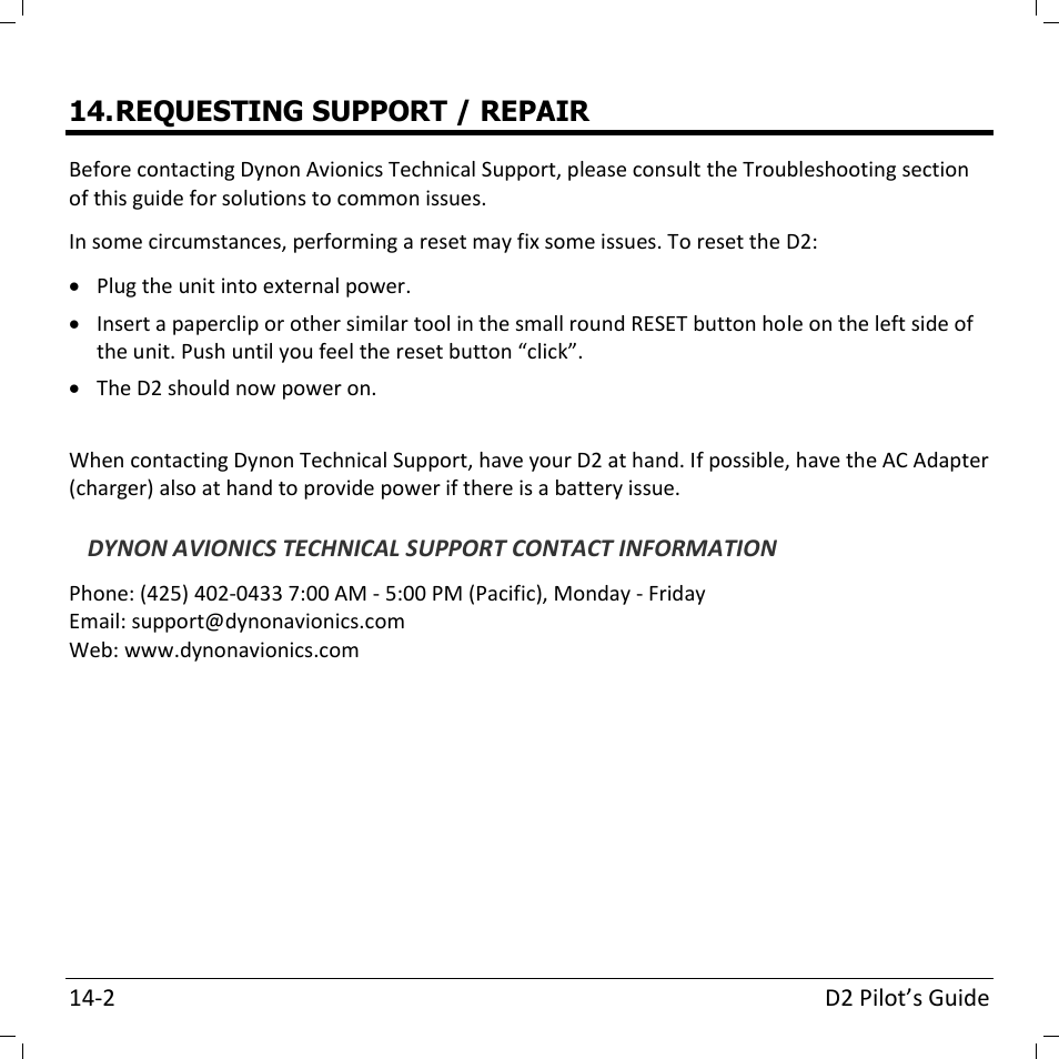 Requesting support / repair | Dynon Avionics D2 Pilots User Guide User Manual | Page 48 / 50