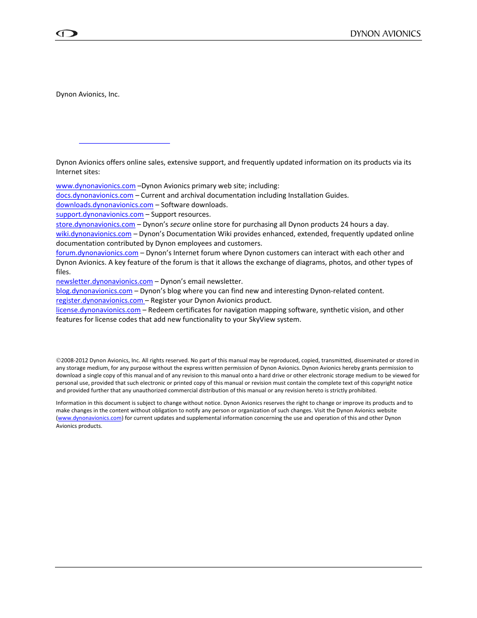 Contact information, Copyright | Dynon Avionics Sonex/Waiex Roll Kit User Manual | Page 2 / 10