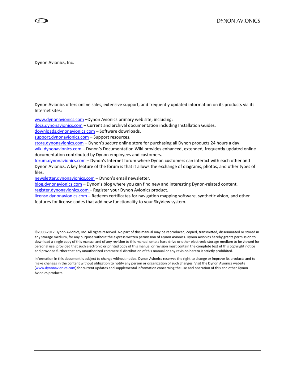Contact information, Copyright | Dynon Avionics Sonex/Waiex Pitch Kit User Manual | Page 2 / 9