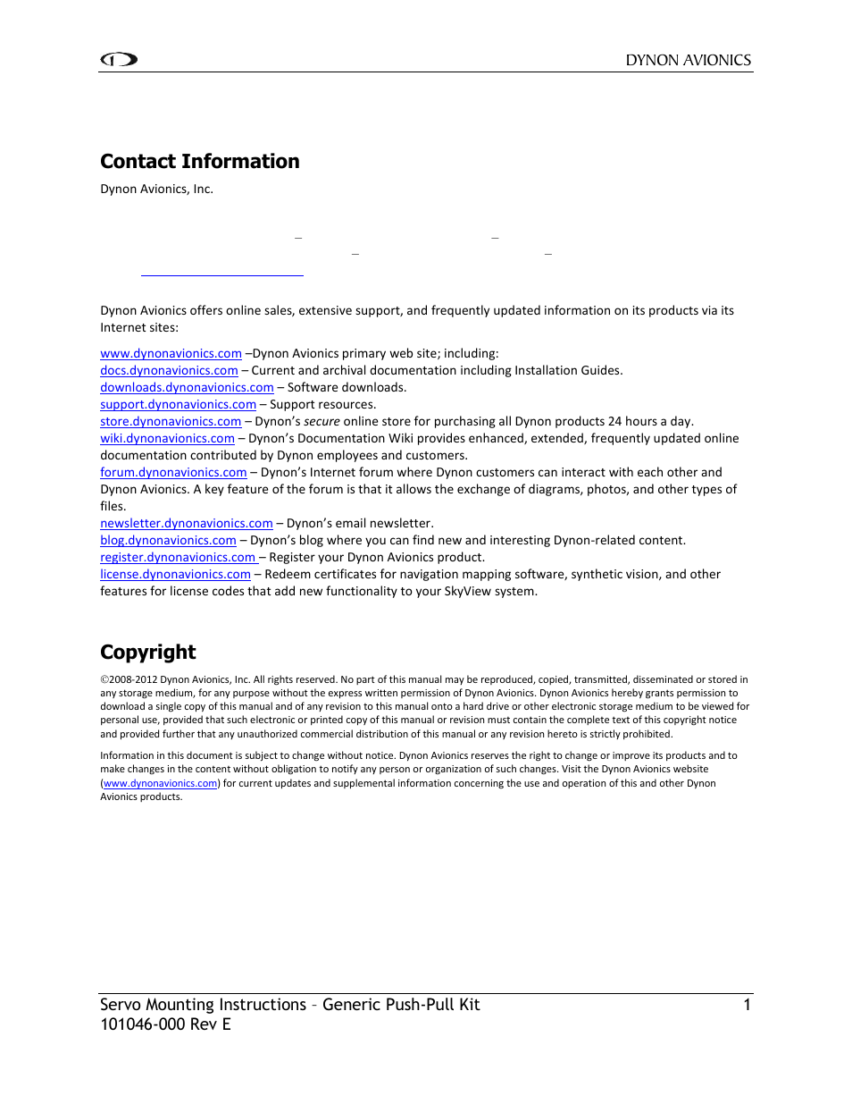 Contact information, Copyright | Dynon Avionics Servo Datasheet / Generic Servo Kit (Push-Pull) User Manual | Page 2 / 8