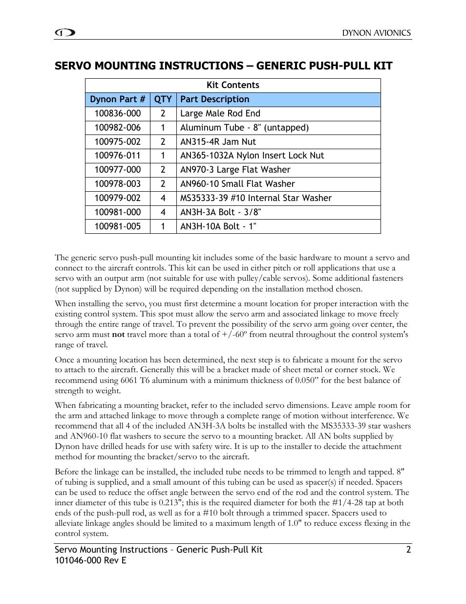 Dynon Avionics Servo Datasheet / Generic Servo Kit (Push-Pull) User Manual | Page 3 / 8