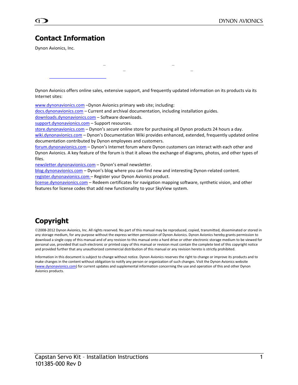 Contact information, Copyright | Dynon Avionics Capstan Servo (Cable-driven) User Manual | Page 2 / 8