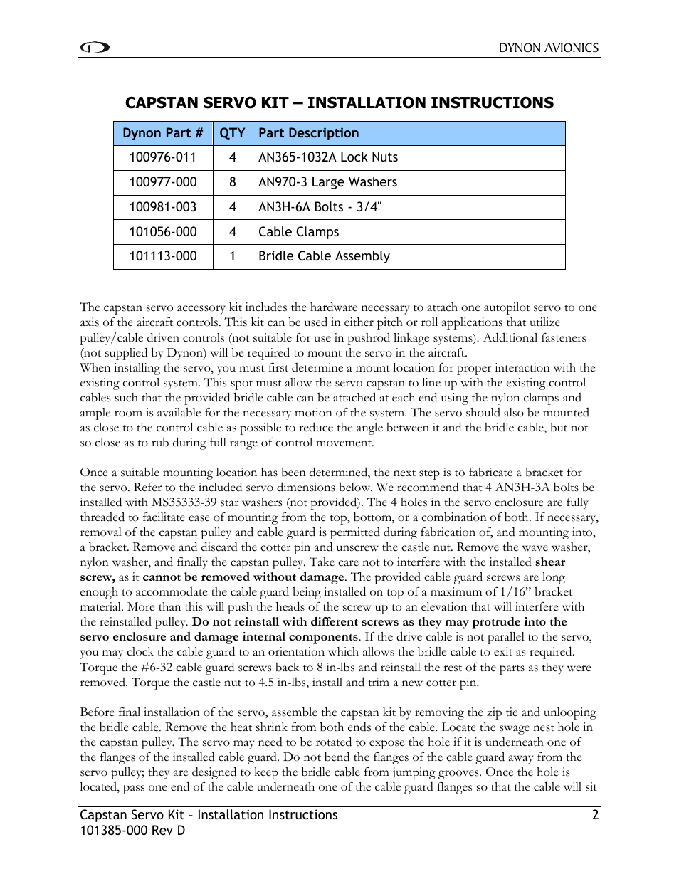 Dynon Avionics Capstan Servo (Cable-driven) User Manual | Page 3 / 8