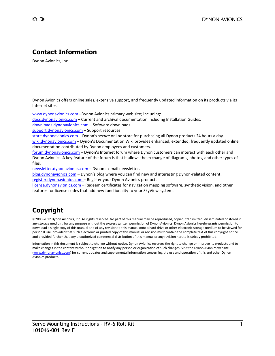 Contact information, Copyright | Dynon Avionics RV-6 Roll Kit User Manual | Page 2 / 10