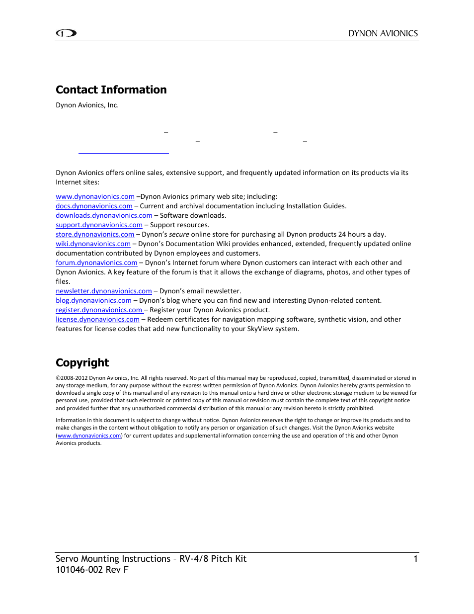 Contact information, Copyright | Dynon Avionics RV-4/8 Pitch Kit User Manual | Page 2 / 15