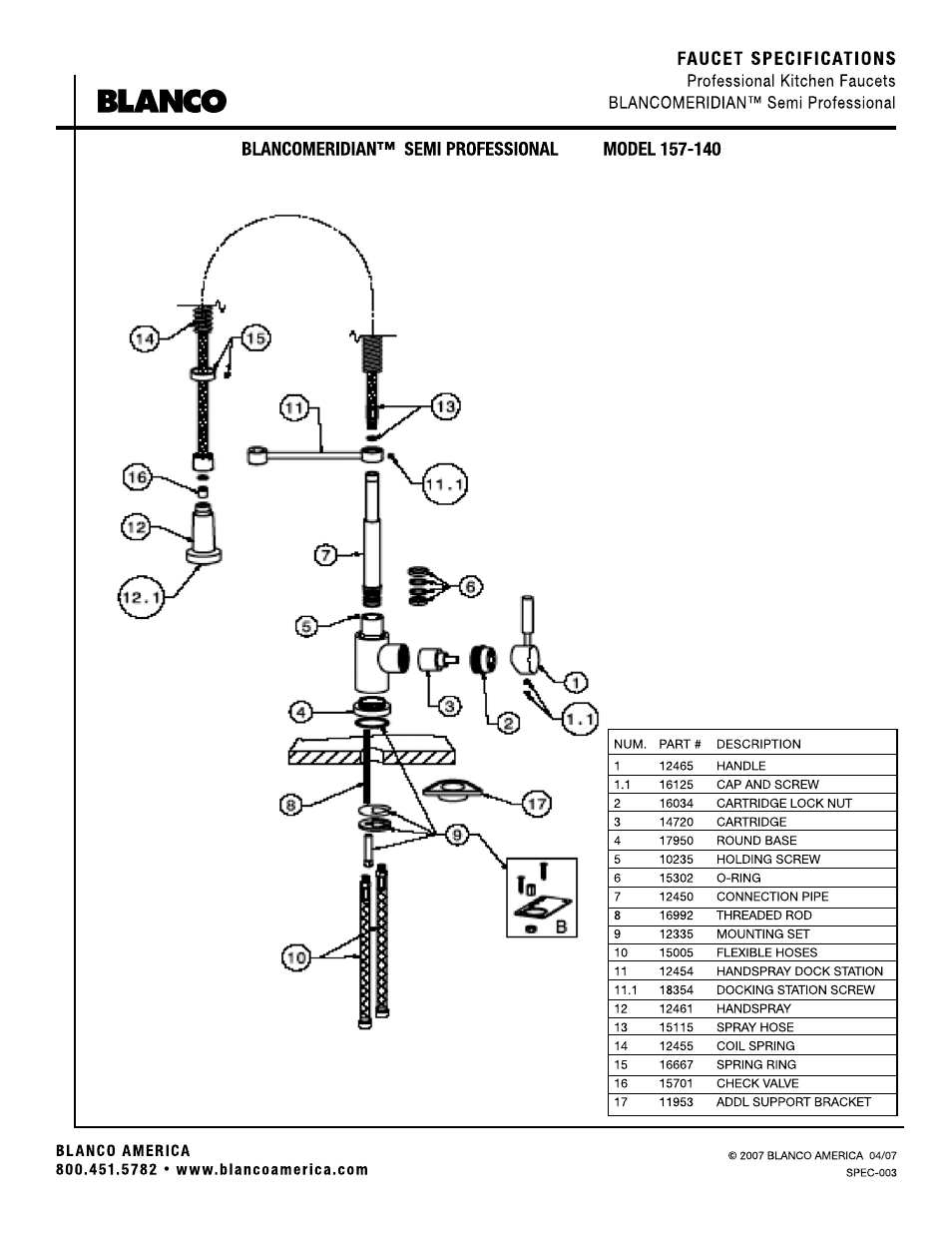 Faucet specifications, Blancomeridian™ semi professional, Blanco america | Blanco | Blanco 157-140 User Manual | Page 2 / 2