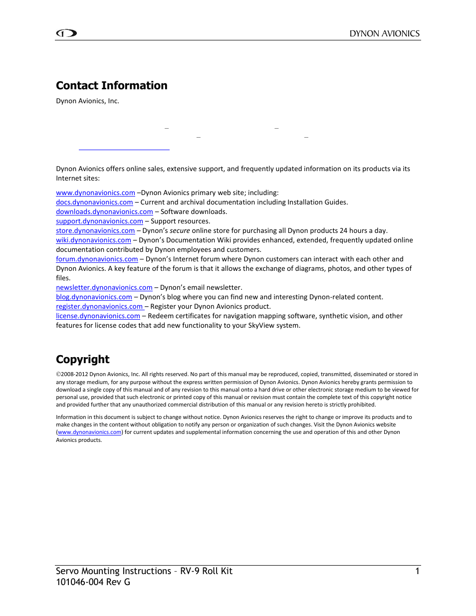 Contact information, Copyright | Dynon Avionics RV-9 Roll Kit User Manual | Page 2 / 10