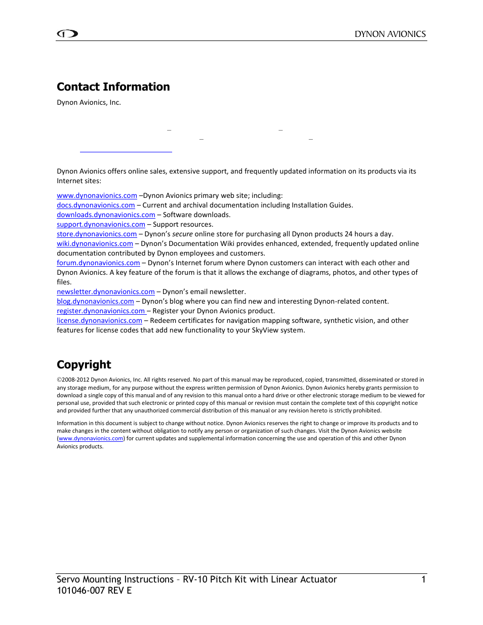 Contact information, Copyright | Dynon Avionics RV-10 Pitch User Manual | Page 2 / 9