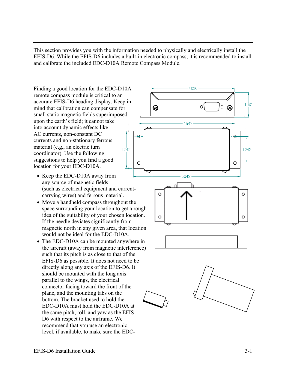 Selecting a remote compass module location, Instrument installation 3-1, Selecting a remote compass module location -1 | Dynon Avionics EFIS-D6 Installation Guide User Manual | Page 13 / 50