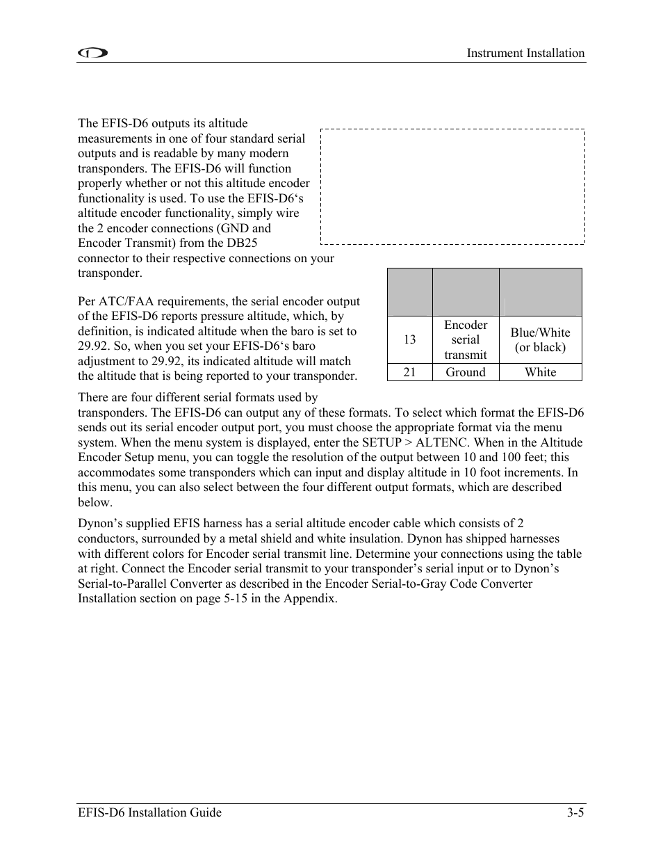 Altitude encoder wiring, Altitude encoder wiring -5 | Dynon Avionics EFIS-D6 Installation Guide User Manual | Page 17 / 50