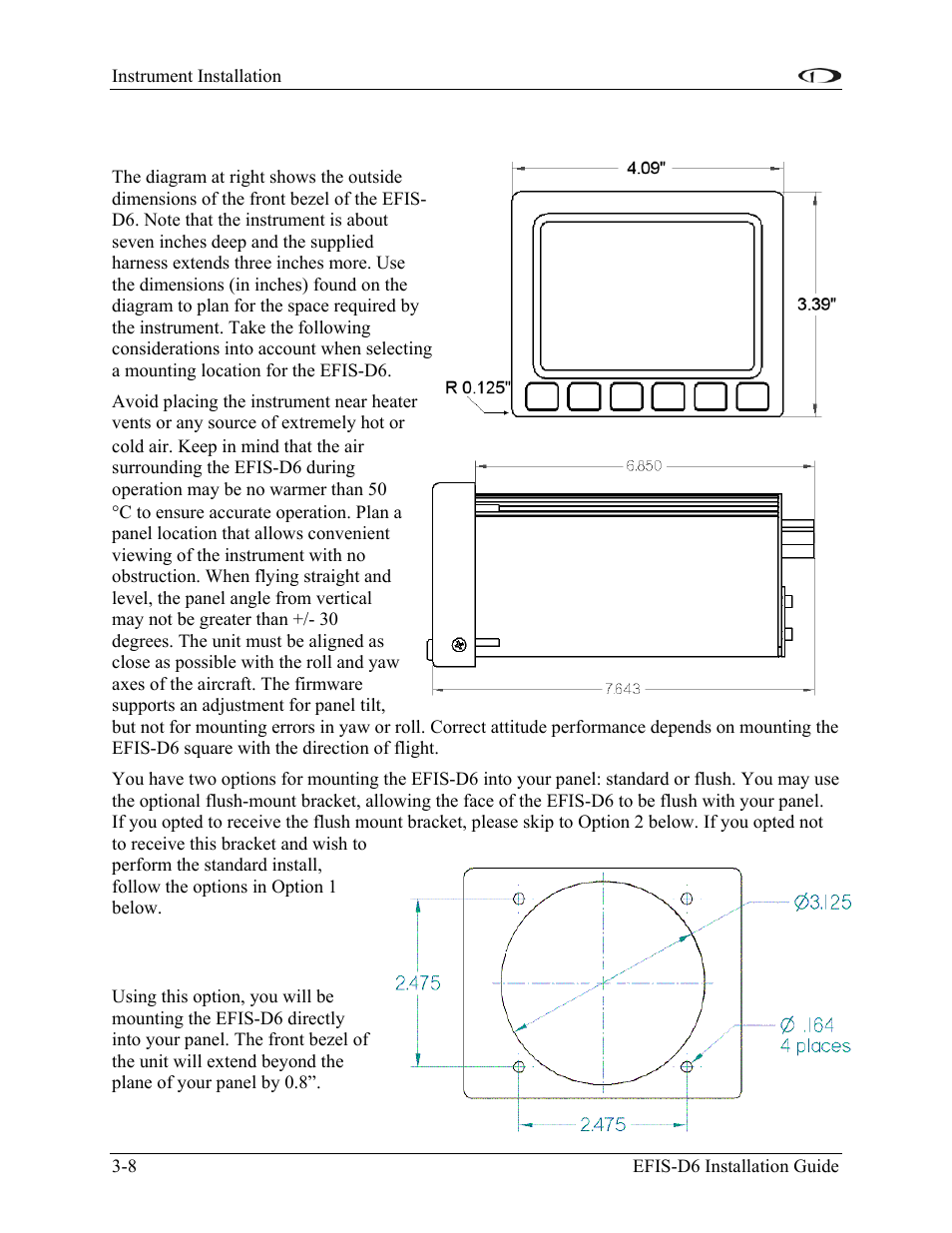 Panel location and mounting, Option 1: no mounting bracket, Panel location and mounting -8 | Dynon Avionics EFIS-D6 Installation Guide User Manual | Page 20 / 50