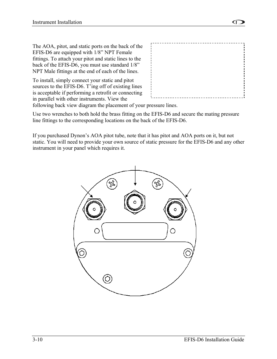 Instrument installation, Connecting static & pitot lines, Connecting static & pitot lines -10 | Aoa pitot stati static | Dynon Avionics EFIS-D6 Installation Guide User Manual | Page 22 / 50