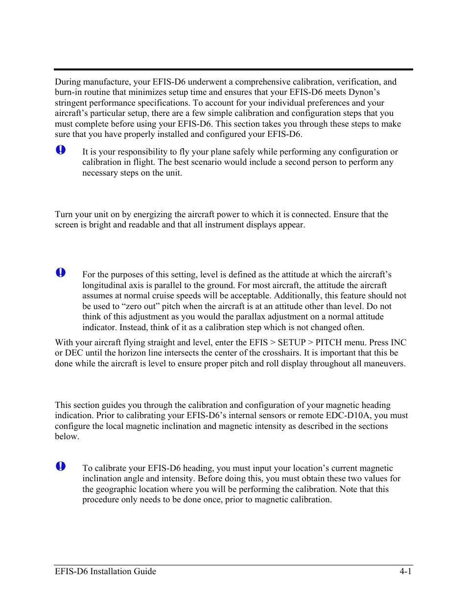 Ensuring proper installation, Setting zero pitch (in flight), Compass heading calibration | Efis calibration and configuration 4-1, Ensuring proper installation -1, Setting zero pitch (in flight) -1, Compass heading calibration -1 | Dynon Avionics EFIS-D6 Installation Guide User Manual | Page 23 / 50