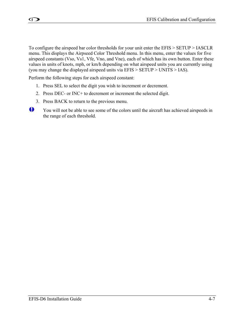 Efis calibration and configuration, Configure airspeed color thresholds, Configure airspeed color thresholds -7 | Dynon Avionics EFIS-D6 Installation Guide User Manual | Page 29 / 50