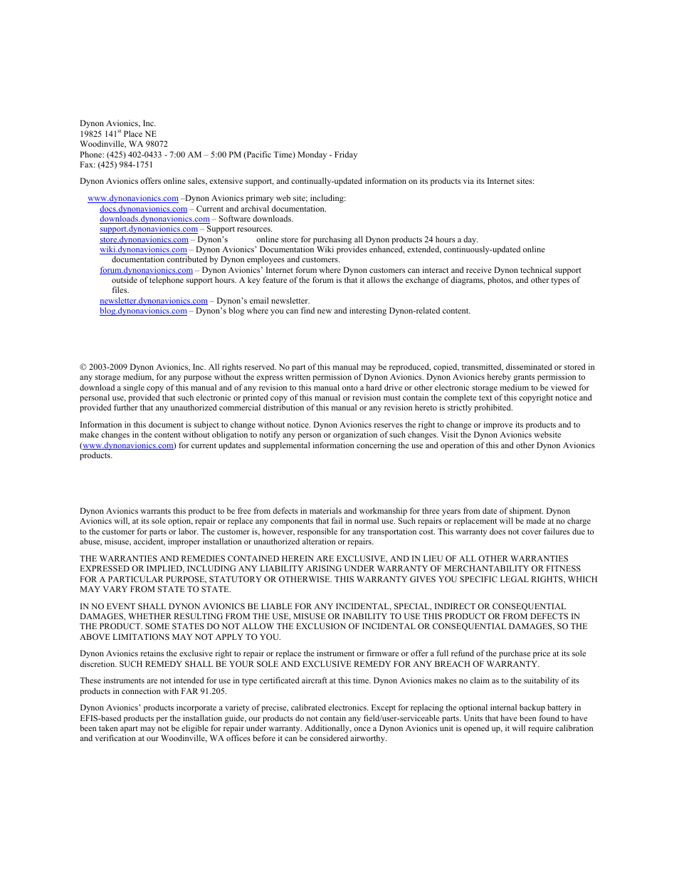Contact information, Copyright, Limited warranty | Dynon Avionics EFIS-D6 Installation Guide User Manual | Page 3 / 50