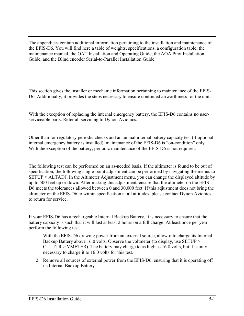 Introduction, Caution, Instructions for continued airworthiness | Altimeter check, Internal battery check, Appendix | Dynon Avionics EFIS-D6 Installation Guide User Manual | Page 31 / 50