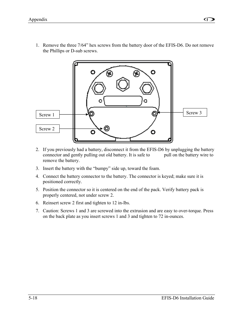 Appendix d: replacing the efis-d6 battery pack, Appendix d: replacing the efis-d6 battery pack -18 | Dynon Avionics EFIS-D6 Installation Guide User Manual | Page 48 / 50