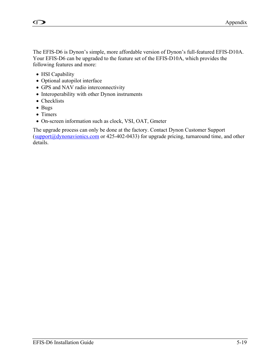 Appendix e: upgrading efis-d6 to efis-d10a, Appendix e: upgrading efis-d6 to efis-d10a -19 | Dynon Avionics EFIS-D6 Installation Guide User Manual | Page 49 / 50