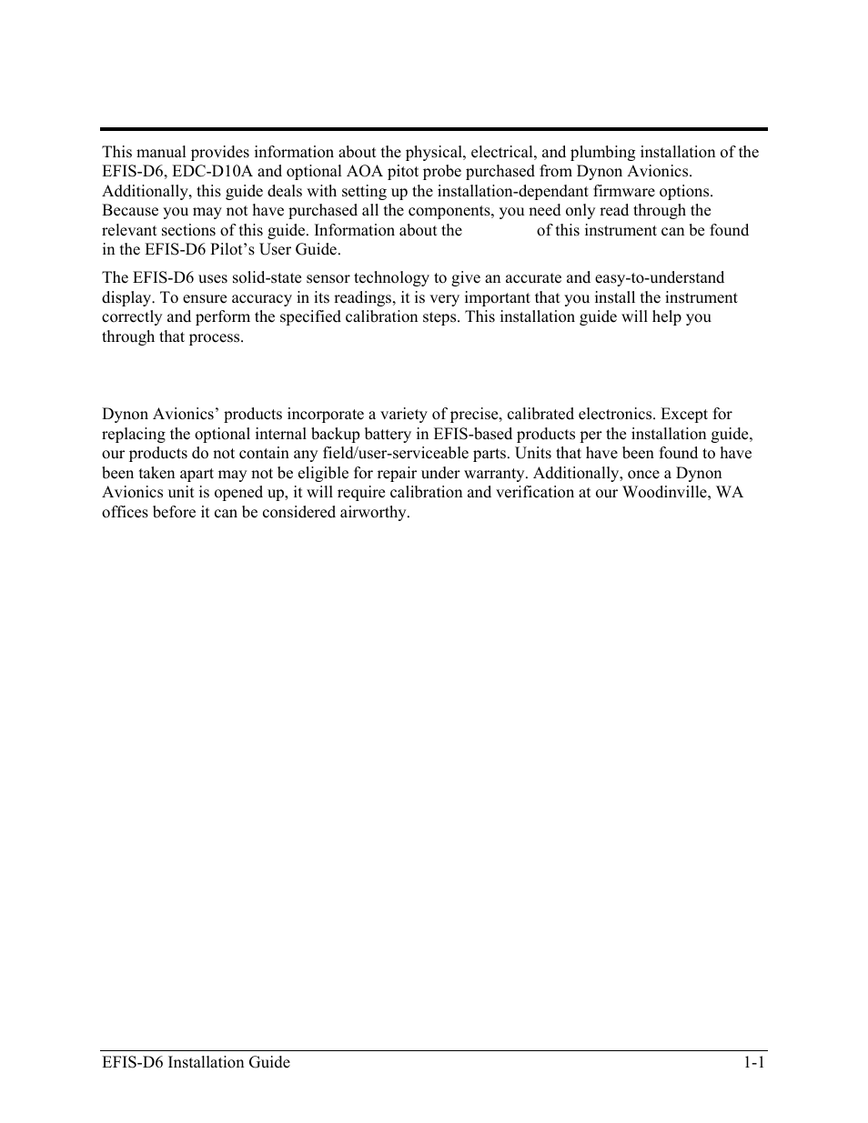 Warning, Introduction, Warning -1 | Dynon Avionics EFIS-D6 Installation Guide User Manual | Page 7 / 50