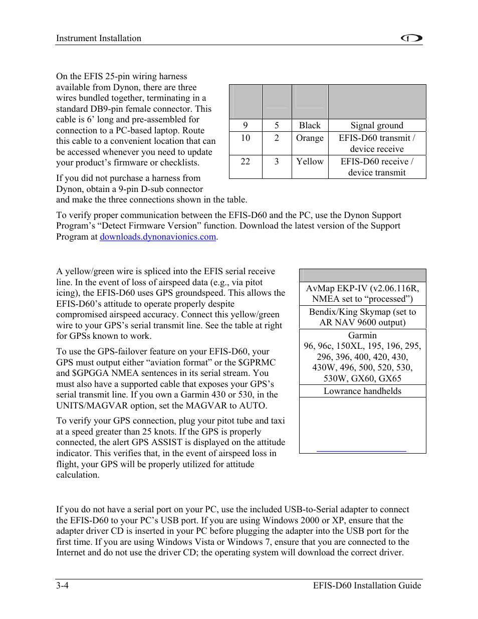 Pc connection for firmware updates, Gps connection for airspeed failover, Pc usb connection | Dynon Avionics EFIS-D60 Installation Guide User Manual | Page 16 / 45