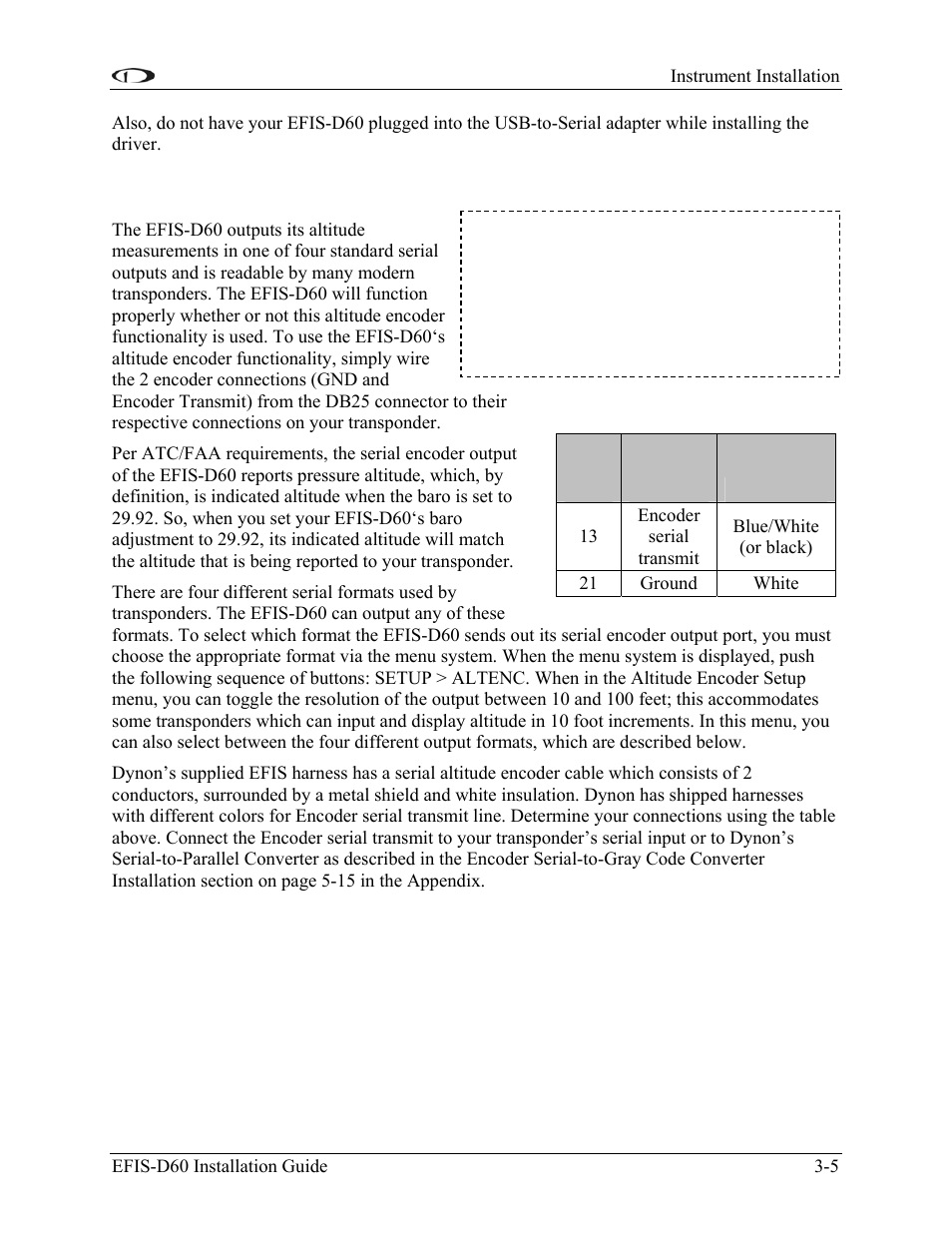 Altitude encoder wiring, Altitude encoder wiring -5 | Dynon Avionics EFIS-D60 Installation Guide User Manual | Page 17 / 45