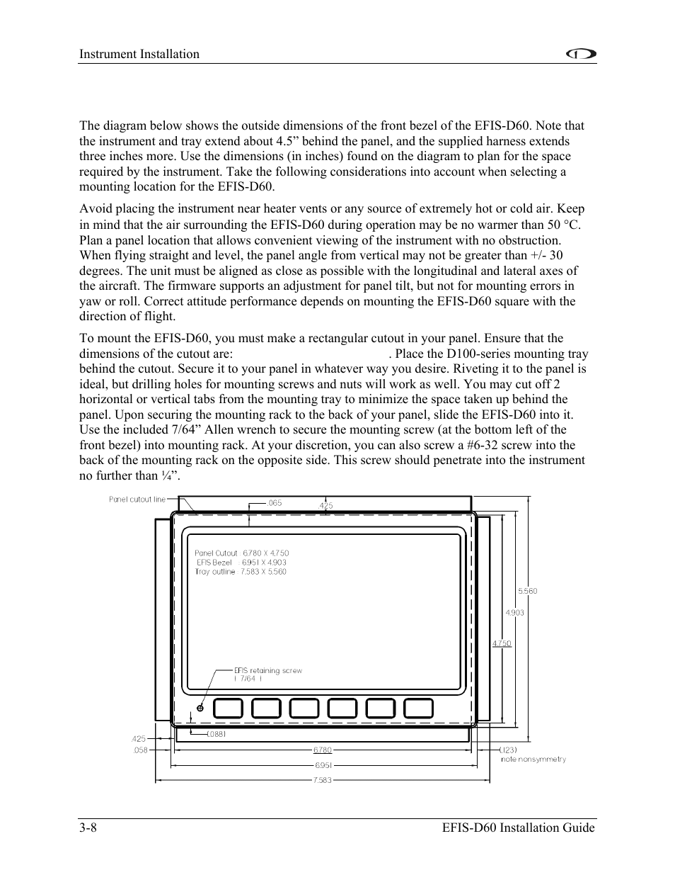 Panel location and mounting, Panel location and mounting -8 | Dynon Avionics EFIS-D60 Installation Guide User Manual | Page 20 / 45